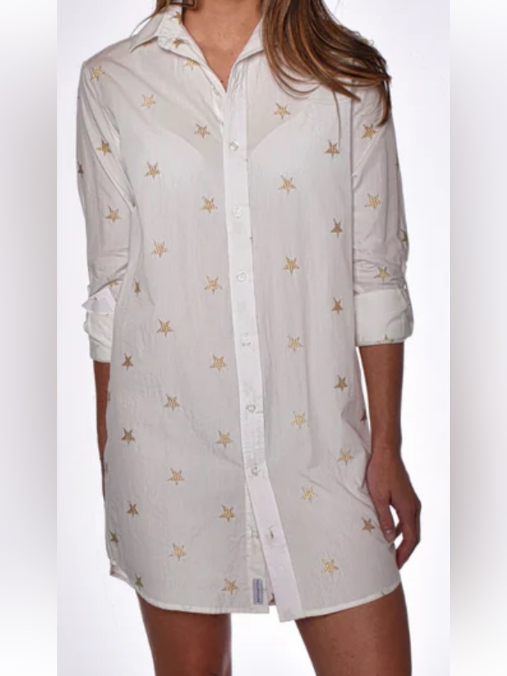 EMILYPHILLIPS Cotton Gold  Star Embroidered White Long Sleeve Shirt Dress Size L